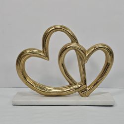 Modern Gold Double Heart Metal Sculpture on White Marble Base Tabletop Decor
