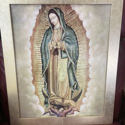 New 23"H Our Lady Guadalupe Picture Gold Frame Mexico Nuestra Señora de Guadalupe