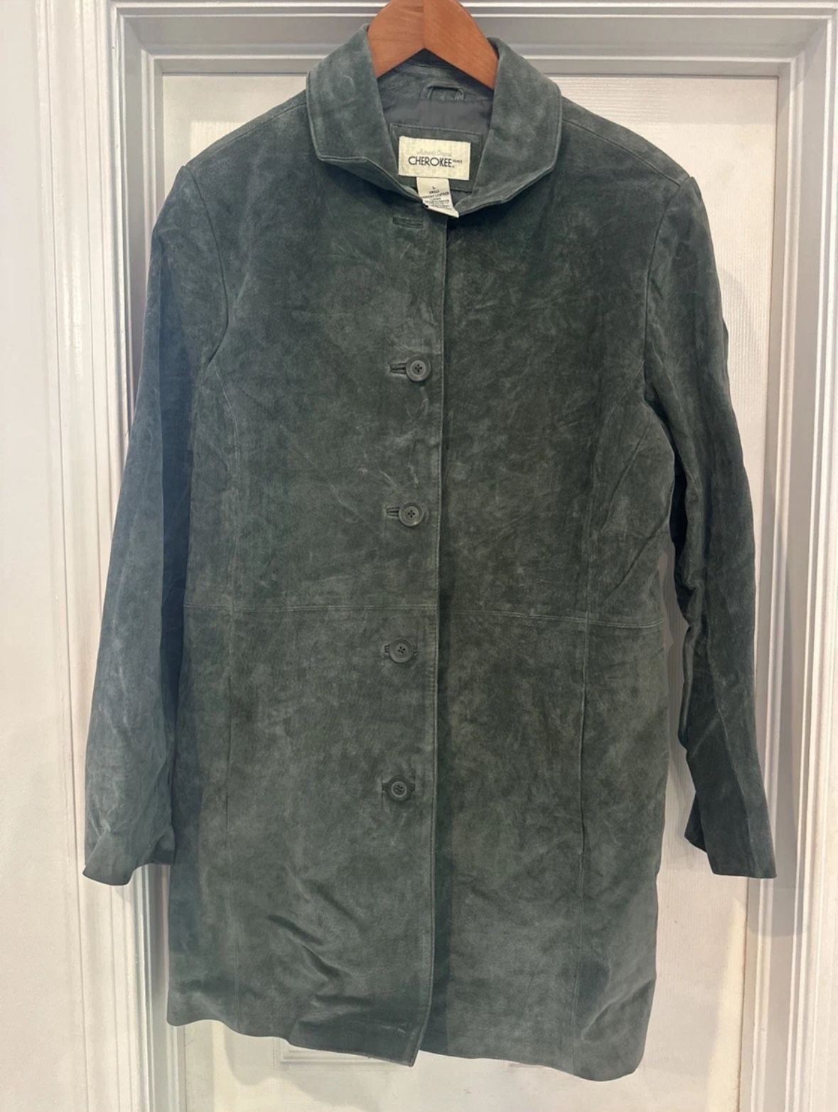 Vintage Cherokee Jacket L Coat 100% Suede Leather Lined Green Western Cowboy