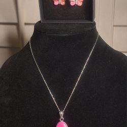 925 Sterling Silver PINK Opal Earring And Pendant Necklace Jewelry Set 
