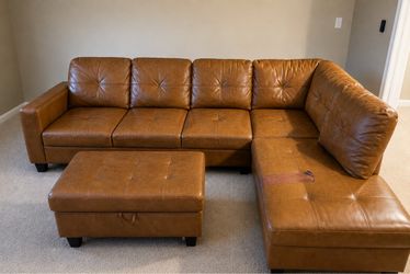 Brown Leather Sectional Couch with Ottoman