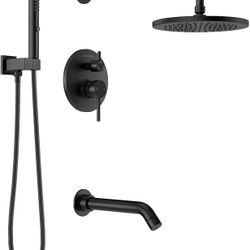 Modern 3-Setting Round Rain Bathtub and Shower Faucet Set, Black Rainfall Shower Head and Handle Set, Rain Shower System with Tub Spout, Shower Valve 