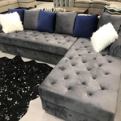 Velvet Modern Grey Sectional with chaise - Furniture of America 