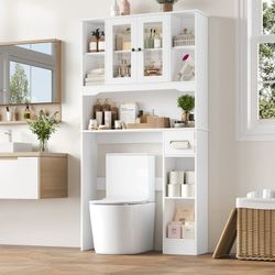 Over The Toilet Storage Cabinet with Toilet Paper Holder Stand, Above Toilet Organizer with Glass Doors, Behind Toilet Shelf for Restroom, Bathroom, L