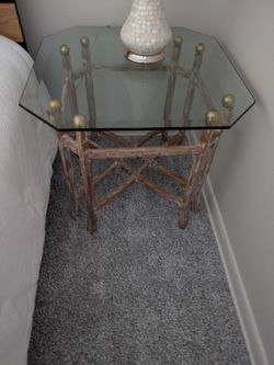 Glass, Brass & Wood Side Table.  Great Condition.