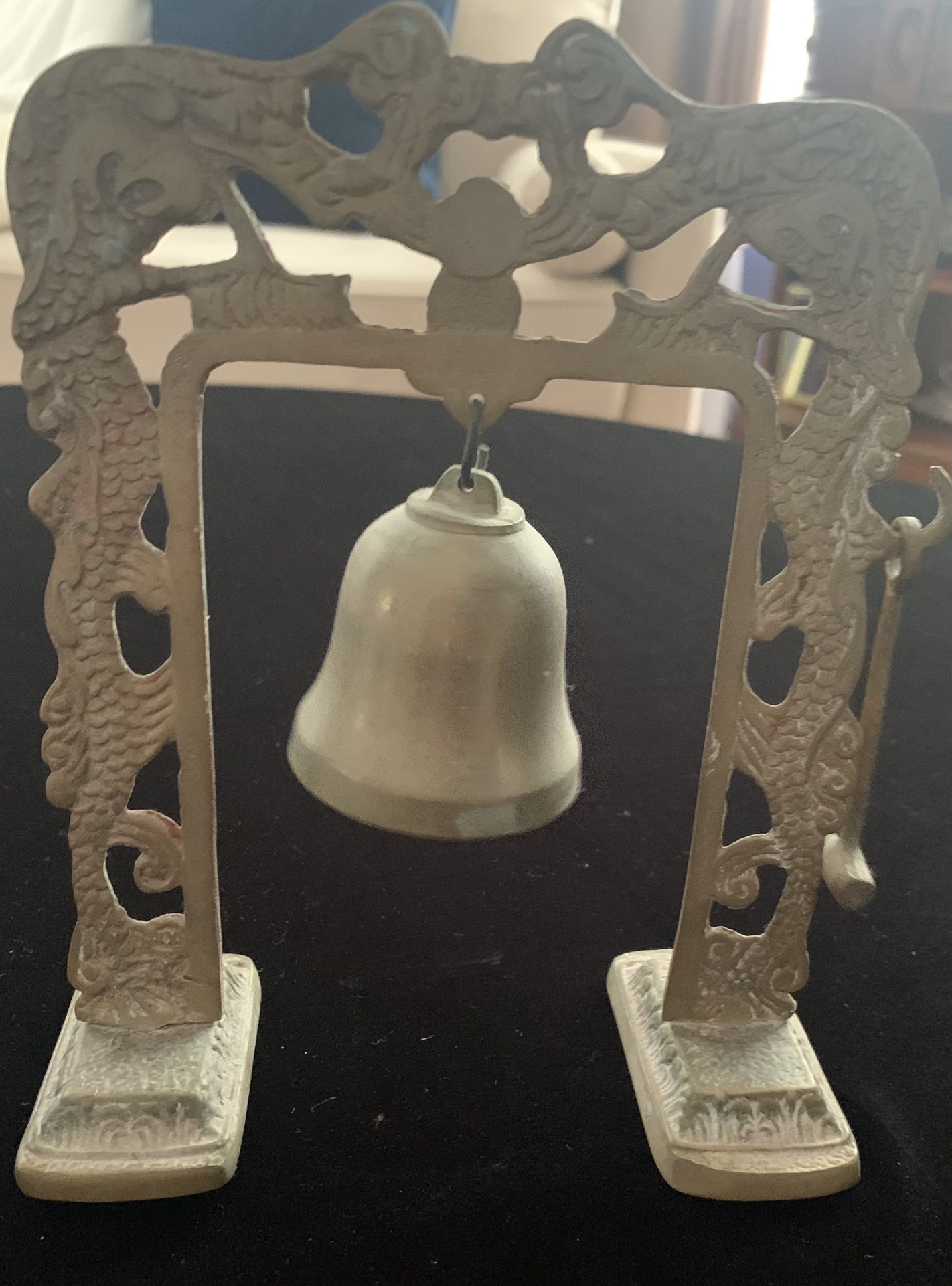 Vintage Brass Bell On An Ornate Dragon Stand With Removable Mallet