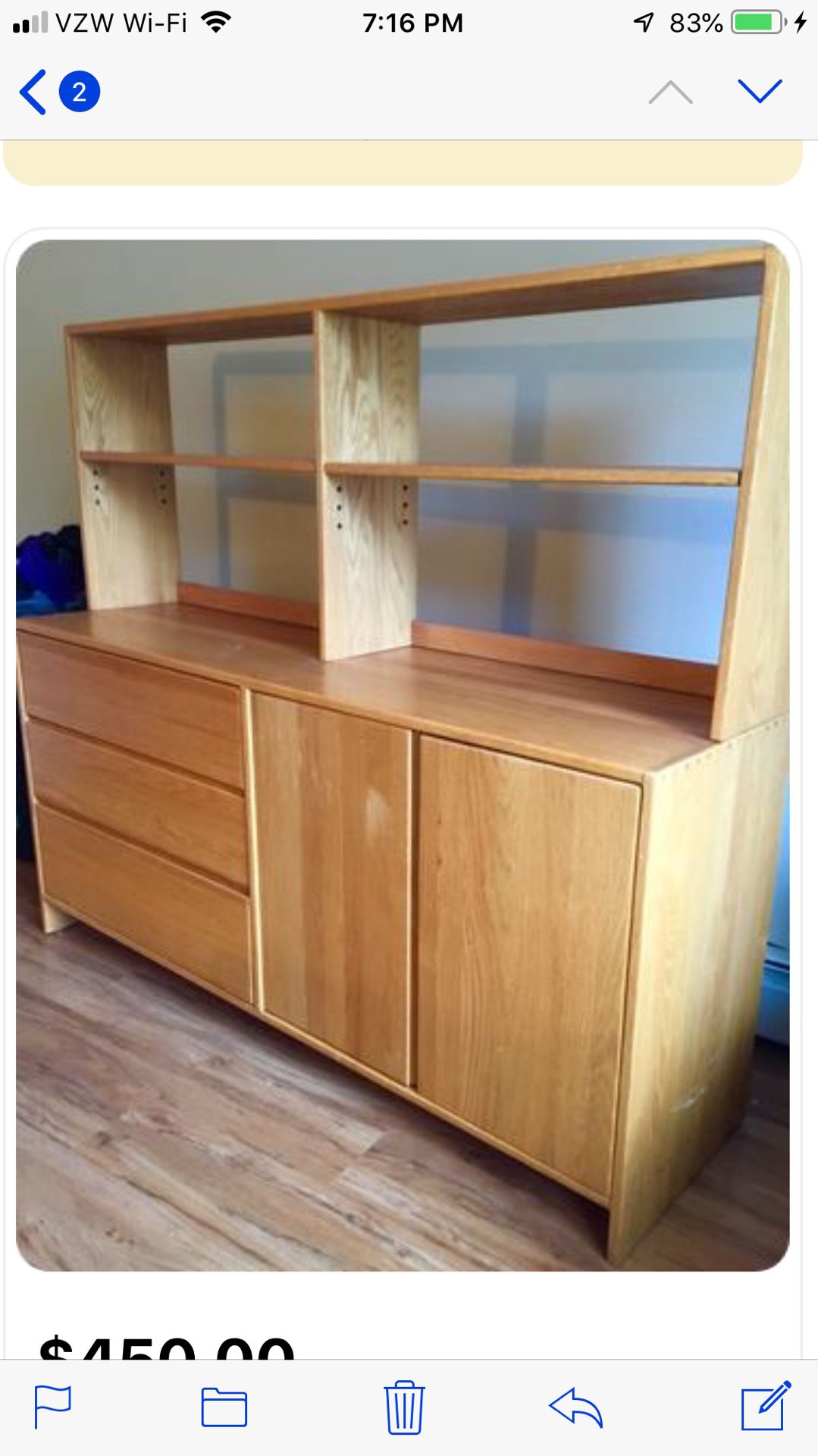 Solid Oak Wood dresser with three draws and two door cabinet with shelf. This will last for generations. No particle board or laminated wood. Top she