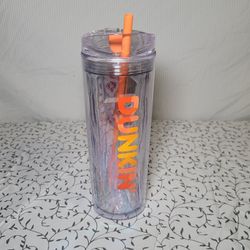 NEW 2025 Dunkin 24oz Insulated Tumbler Acrylic Orange With Straw.