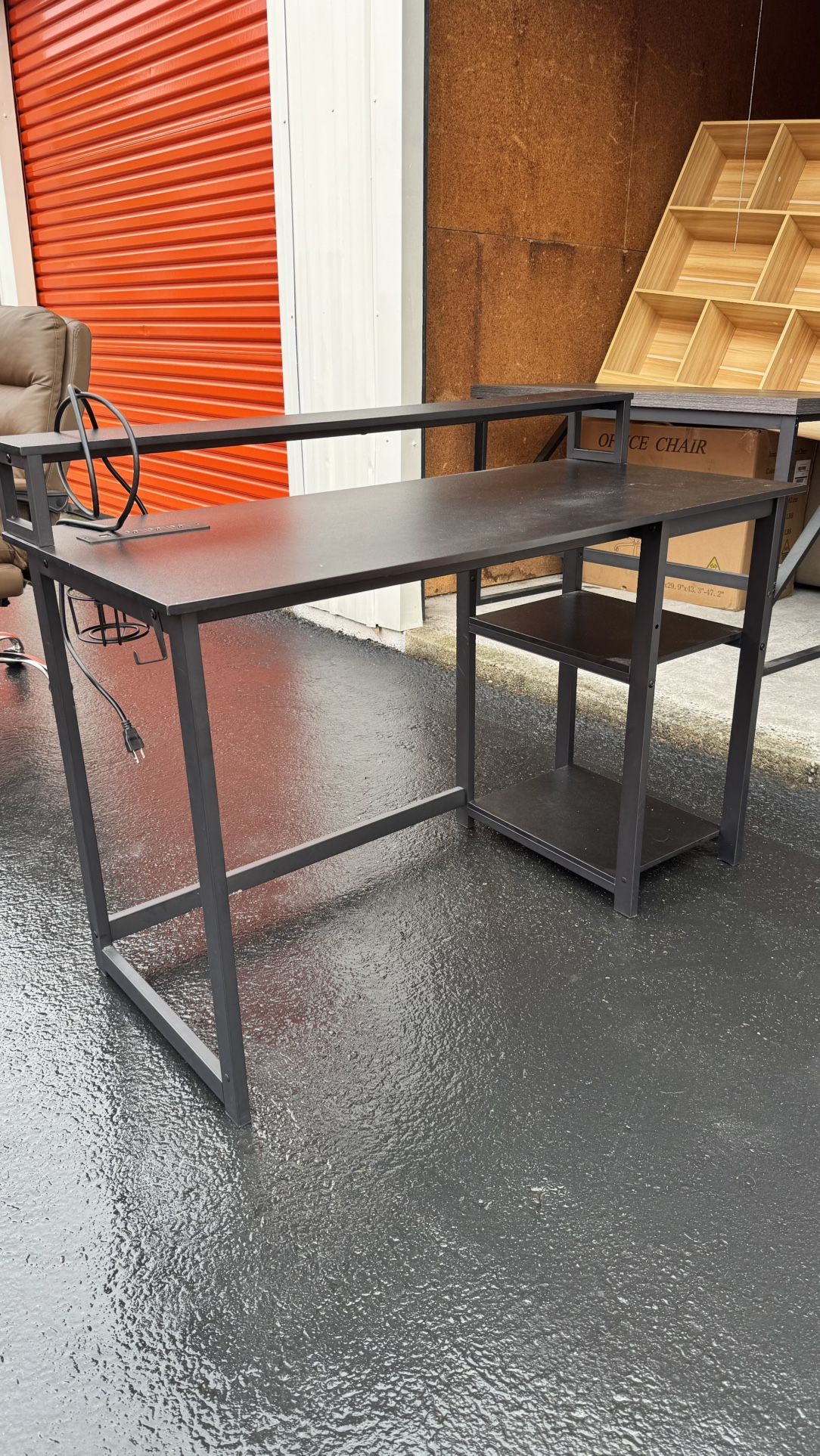 GreenForest 47 inch Gaming Desk with Power Outlets, Small Home Office Desk with Ergonomic Monitor Stand