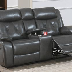 Brand New Gray Gel Leather Manual Reclining Loveseat With Cup Holders