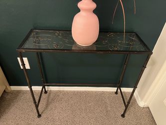 Bronzed Metal Console Table With Glass Top & Fleur-de-Lis Detail  