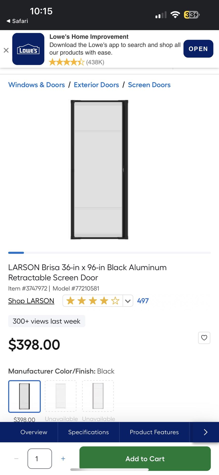 LARSON Brisa 36-in x 96-in Black Aluminum Retractable Screen Door