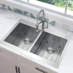 Glacier Bay Professional Zero Radius 33 in. Drop-In 50/50 Double Bowl 16 Gauge Stainless Steel Kitchen Sink with Spring Neck Faucet