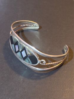 Vintage Alpaca Mexico silver-tone cuff bracelet Inlaid Abalone Shell
