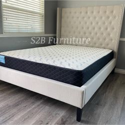 Queen Ivory Wingback Bed With Ortho Mattress Included!