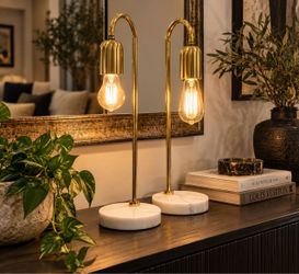 Gold Arc Table Lamps with Marble Base – Set of 2