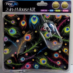 Fine Life Products 2-in-1 Mouse Kit Peacock Optical Mouse & Matching Mouse Pad New Sealed Plastic Packaging has damage. This image shows a Fine Life P