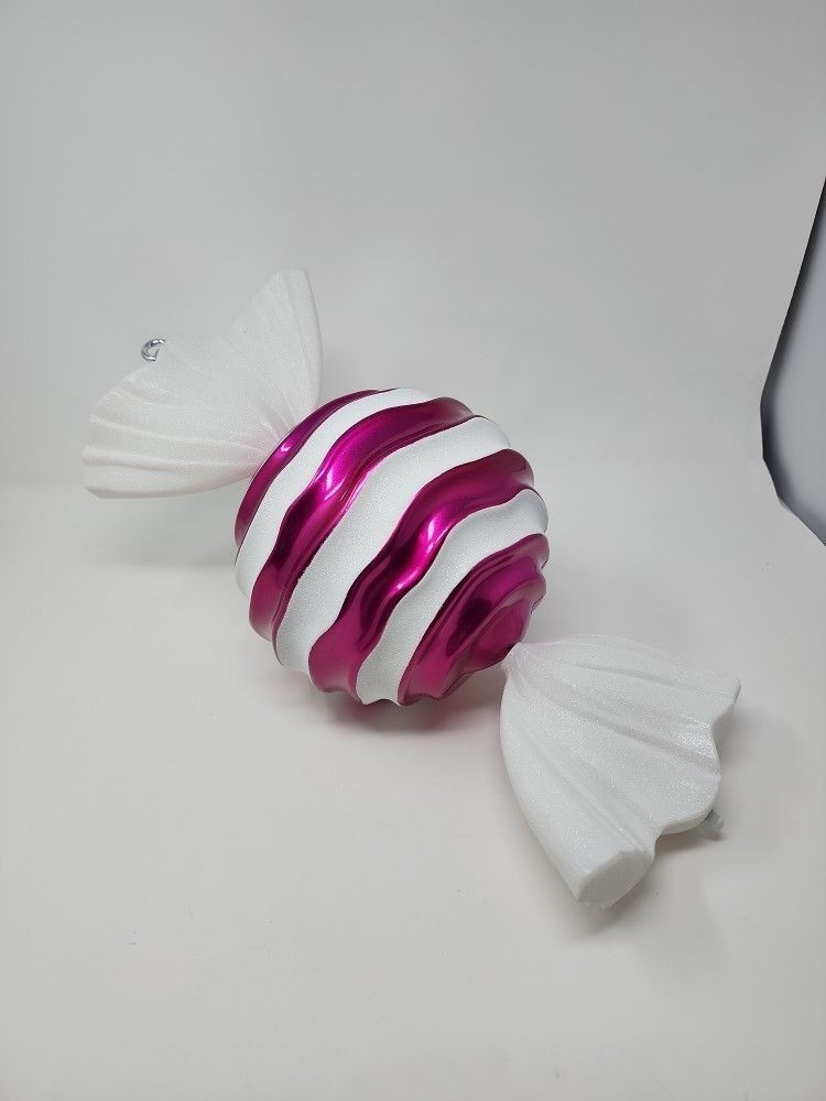 Large, Pink, Outdoor Vickerman 18.5" Cerise-White Striped Wave Candy Christmas Ornament