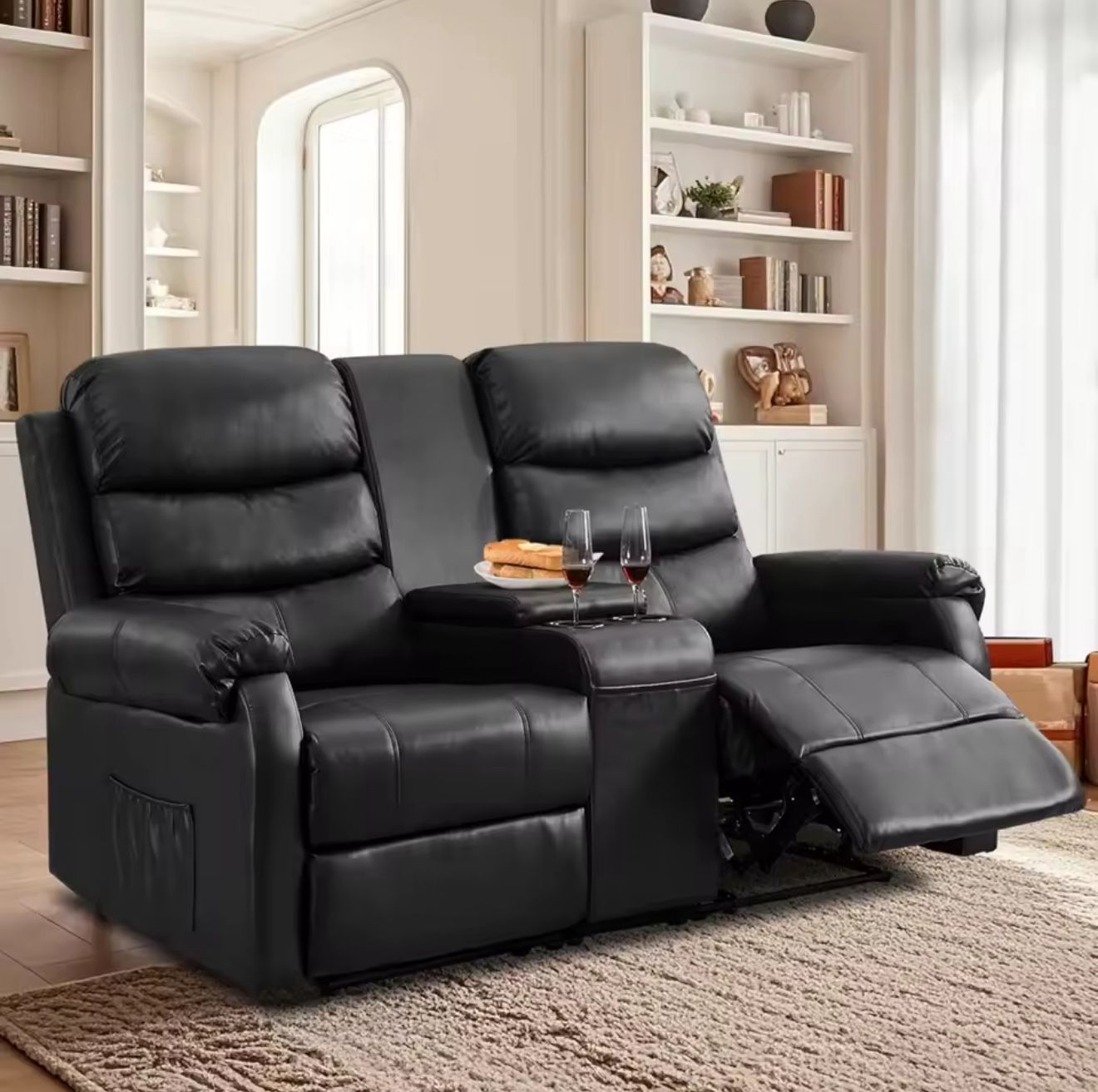 Dual Reclining Loveseat Sofa with Console – Faux Leather, Black