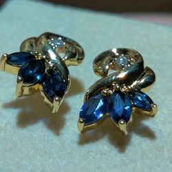 Blue Sapphire and Diamond Earrings in 14k Yellow Gold
