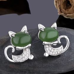 Cat Jade Cubic 925 Silver Earring Earrings 