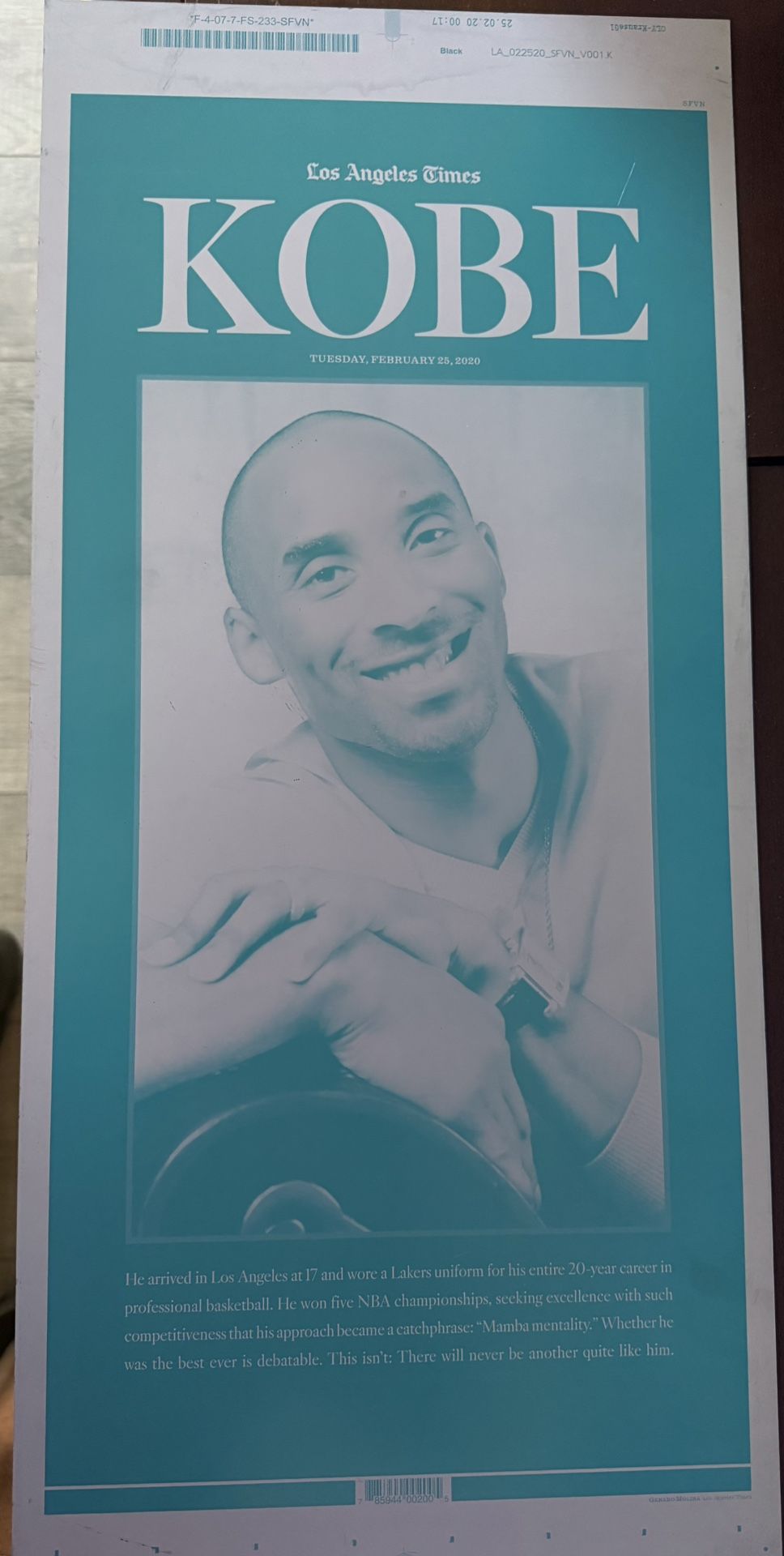 Kobe Bryant LA Times Authentic Printing Plates 