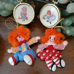 Vintage Hand Crafted Raggedy Ann & Andy Christmas Tree Ornaments