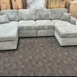 DOUBLE CHAISE CORDUROY GREY BRAND NEW SECTIONAL SAME DAY DELIVERY 