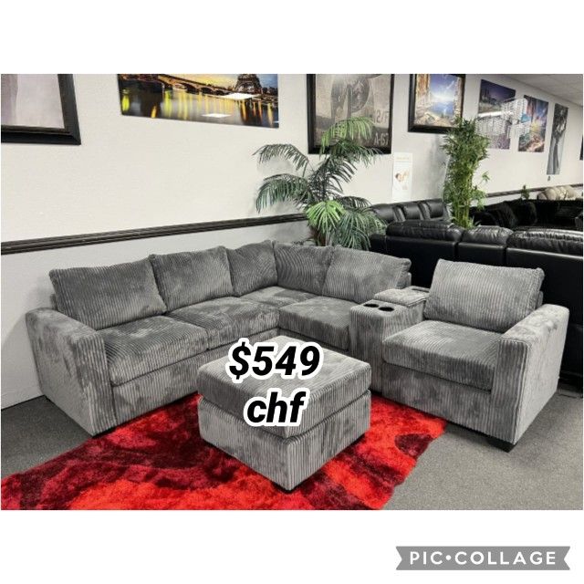 Black Friday Corduroy Sectional Sofa With Ottoman And Console + USB Port
