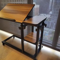 Walnut C-Shape Brown Wood Mobile Tiltable Table