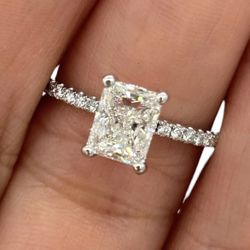 GIA Ladies Engagement Radiant Cut Diamond 1.83tcw Ring 18k White Gold Pave Style