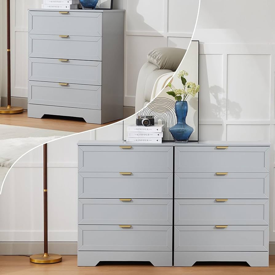 Set of 2, 4 Drawers Dresser, Wooden Dresser for Bedroom with Large Drawer and Gold Handles Storage Chest Cabinet Organizer Living Room Closet Hallway,
