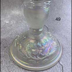 (1) Vintage Imperial Glass White Carnival Rose Candleholder, featuring an iridescent, rainbow-like finish on pressed glass. Pattern: Rose Material: Ca