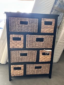 Black Wood Storage Chest with Woven Baskets