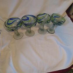 set of four hand-blown Margarita glasses with green and blue Swirl  14 oz