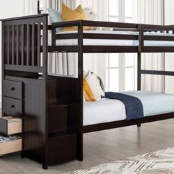 Brand New Espresso Twin Size Bunk Bed w Staircase 
