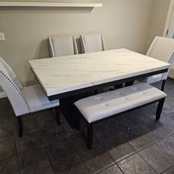 Gourges Dining Set 6 Pcs Faux Leather White Top W/ Light Grey Linen Fabric Chairs $899