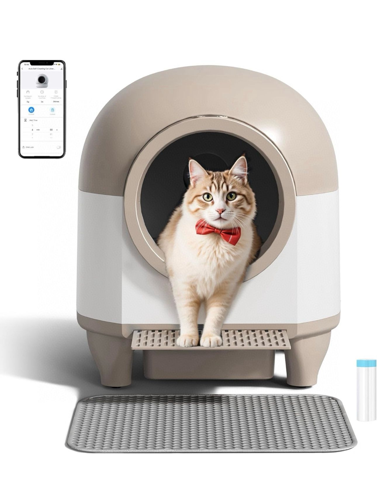 Self Cleaning Litter Box Automatic, 90 L Automatic Cat Litter Box for Multiple Cats APP-Controlled with Smart Sensors, Safety Protection,Mat,1 Roll Ga