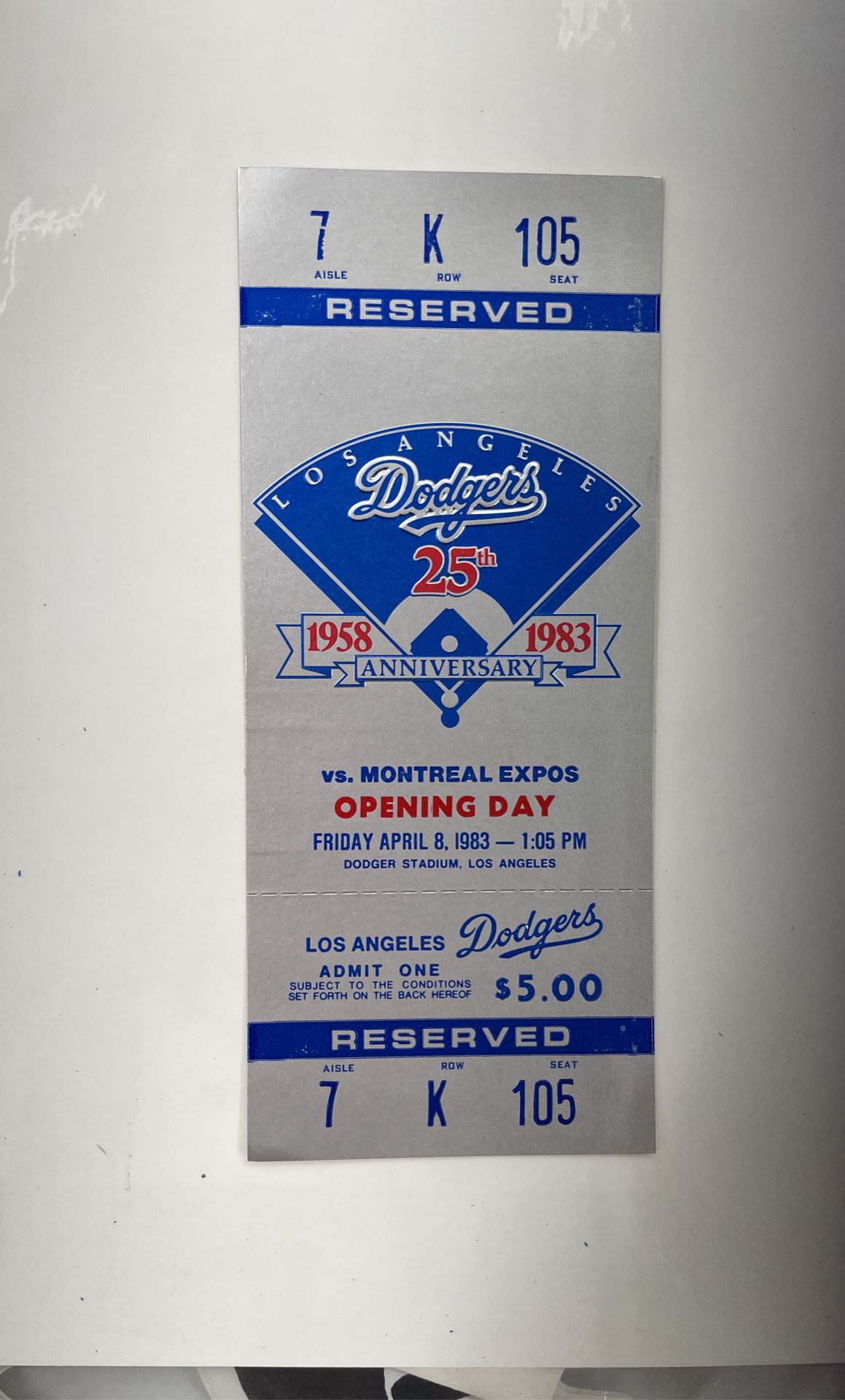 Dodgers 1983 Opening Day Unused Ticket