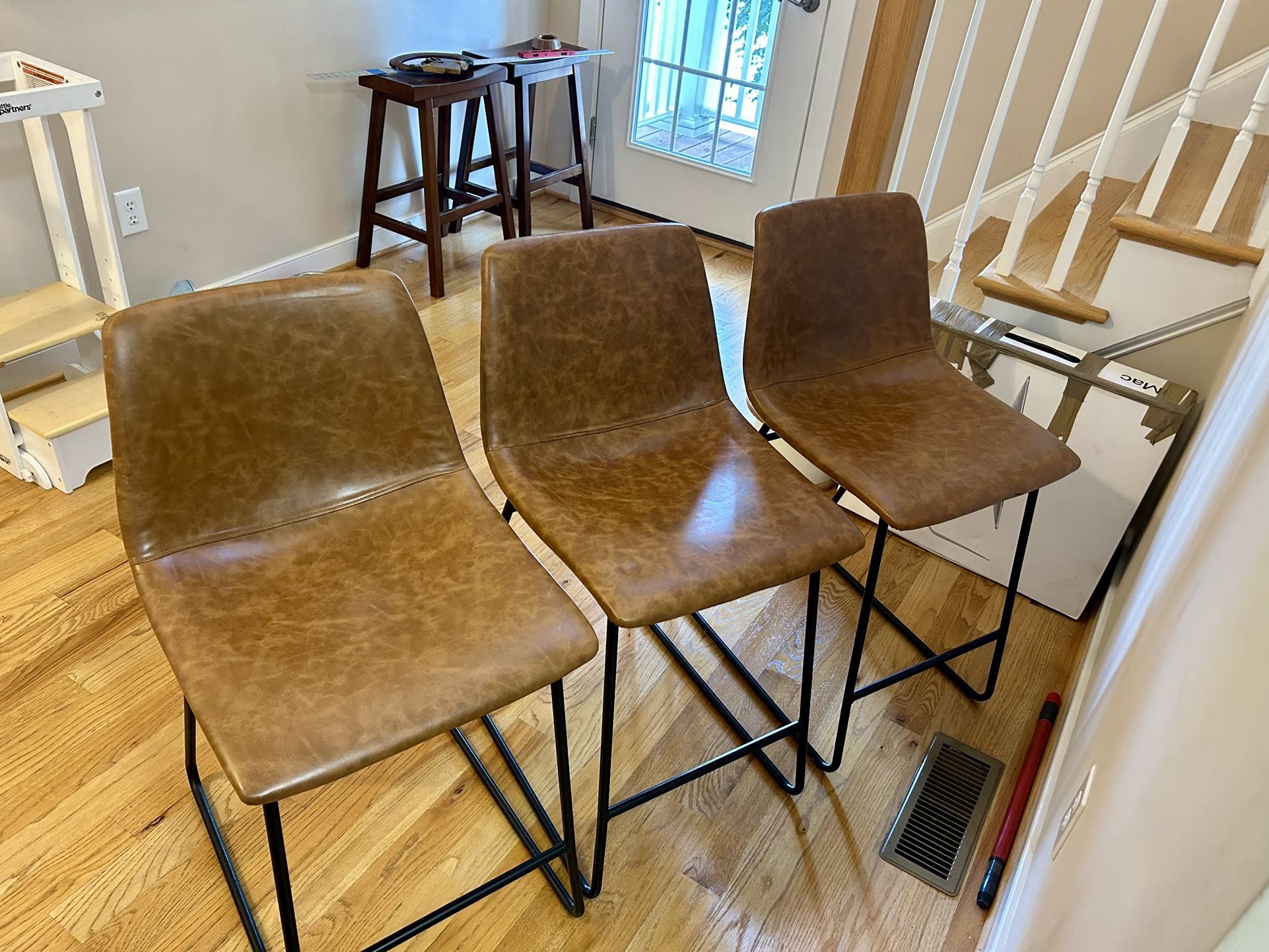 Set Of 3 Dorel Home Brown Leather Bar Stools