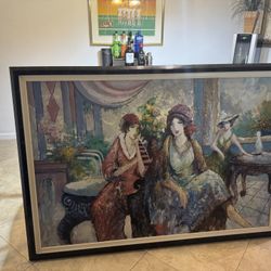 HUGE Oil Painting Girls In The Club By K.Barnes Vintage Framed Wall Art