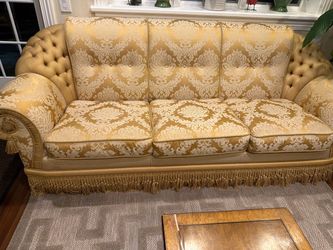 Gold and Ivory Damask Traditional Upholstered Sofa with Tufted Arms