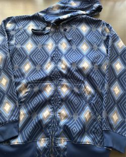 Men's COR3 full-zip hoodie, size L, blue with geometric diamond print.