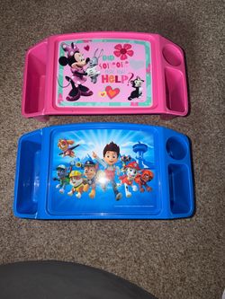Disney Pink Minnie Mouse & Blue Paw Patrol Kids Snack Trays. Blue one has small crack. Both of them have white lines where tension was put on them see