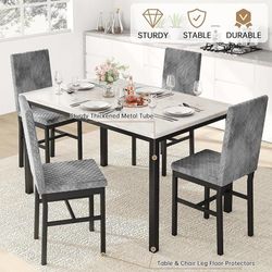 Dining Room Table Set for 4 Faux Marble 5 Piece Dining Table with 4 Modern Upholstered Velvet Chairs for Small Space, Home Kitchen, Apartment,Grey