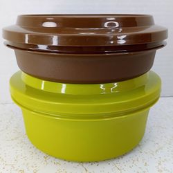 Mid Century Vintage 1970s Avocado Green & Brown Tupperware Seal 'n Serve Bowls w/ Lids #1252 & #1206