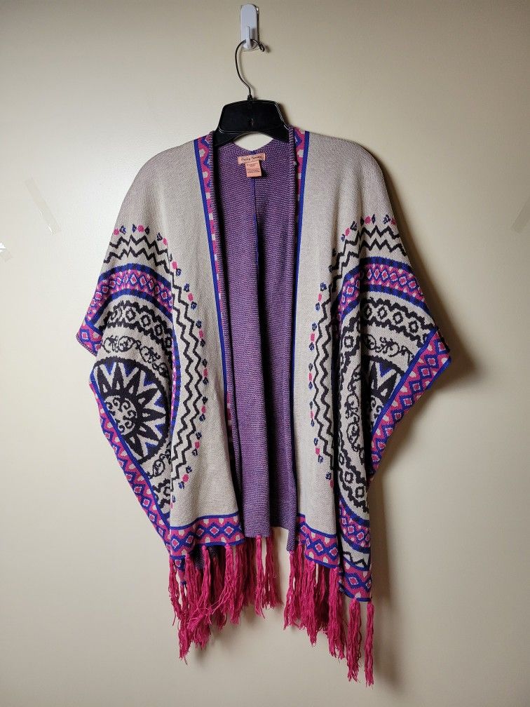 Flying Tomato Womens Cardigan Sweater Beige Purple Pink Fringe Hem Size M