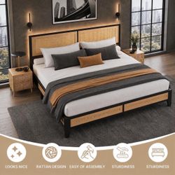 King Size Rattan Bed Frame with Headboard, Boho Metal Platform Bed.