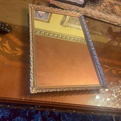 gold filigree metal mirror rectangular vintage Vanity tray 15x10