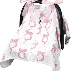 Pink Bow Muslin Baby Car Seat Cover/Nursing Cover